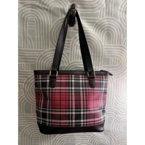 Bueno Red Plaid Tote Bag Faux leather Trim Shoulder Bag Large Zip Top - Picture 3 of 5
